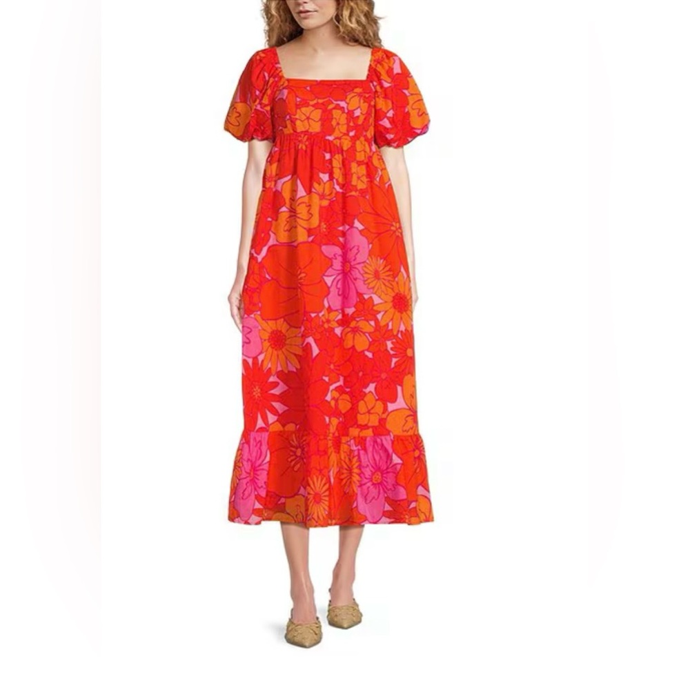 J.MARIE LIZZIE SQUARE NECK SHORT PUFF SLEEVE MIDI DRESS ( Sz M)